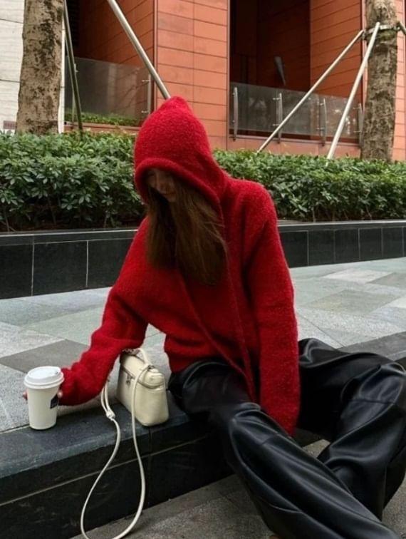 Long Sleeve Plain Loose-Fit Hooded Sweater Product Image