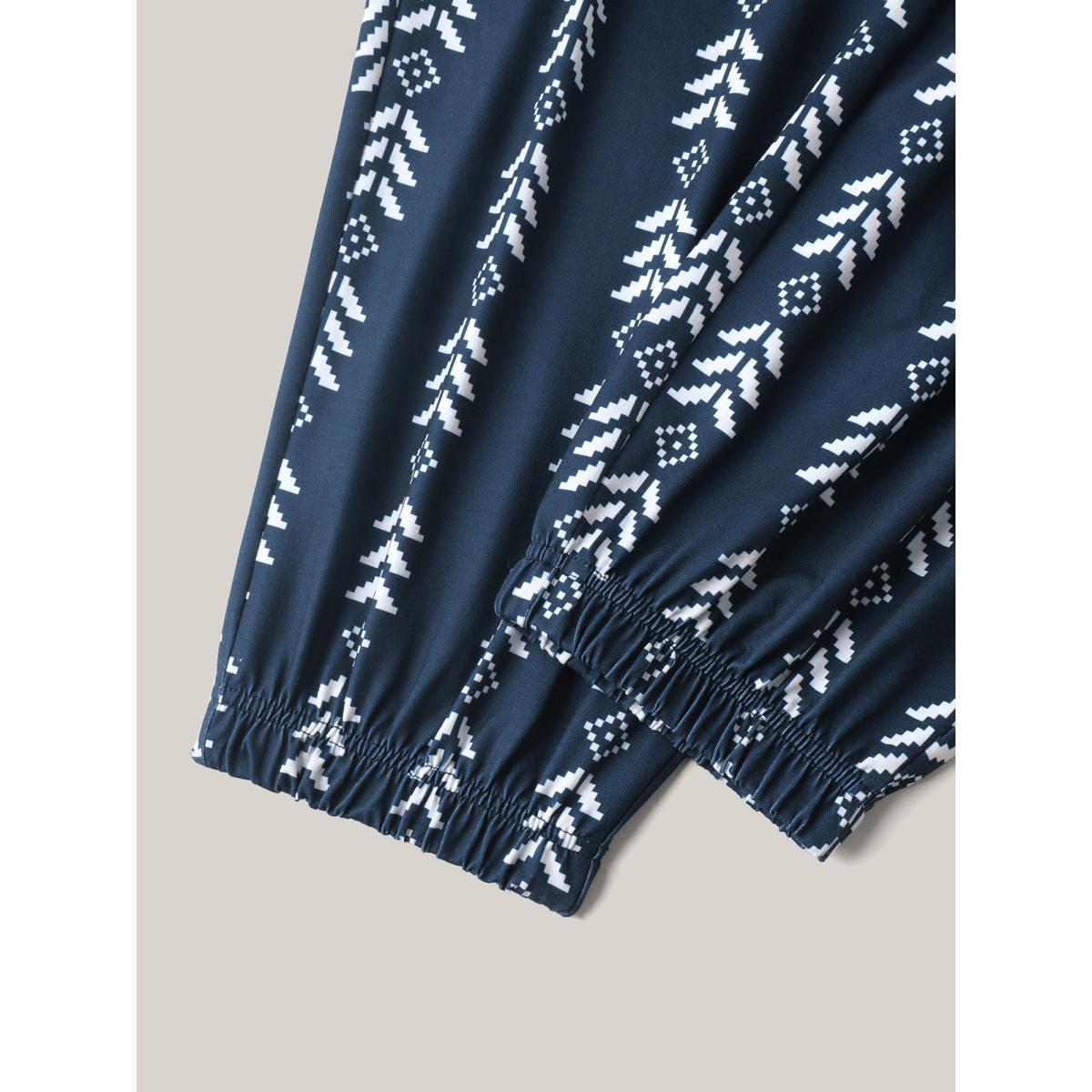 Plus Size Boho Geometric Print Stretchy Waist Pants Women Indigo Casual Mid Rise Everyday Pants BloomChic 28/5X Product Image