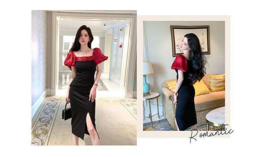 Puff Sleeve Square Neck Two Tone Slit Ruched Panel Mesh Midi Sheath Dress Product Image