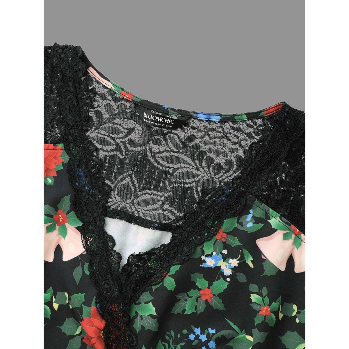 Plus Size Floral Lace Surplice Neckline Midi Dress Emerald Women Elegant Woven ribbon&lace trim Overlap Collar Long Sleeve Curvy BloomChic 26/4X Product Image
