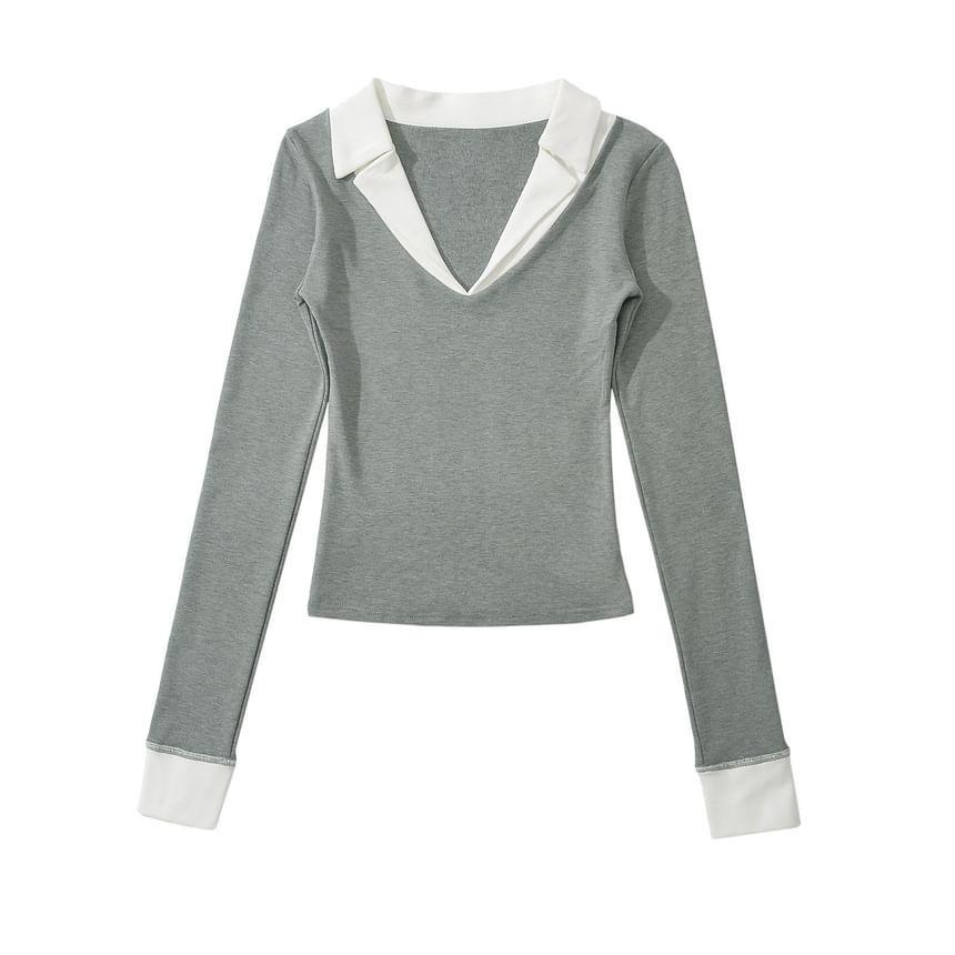 Mock Two-Piece Long-Sleeve Two Tone Collared Top Product Image