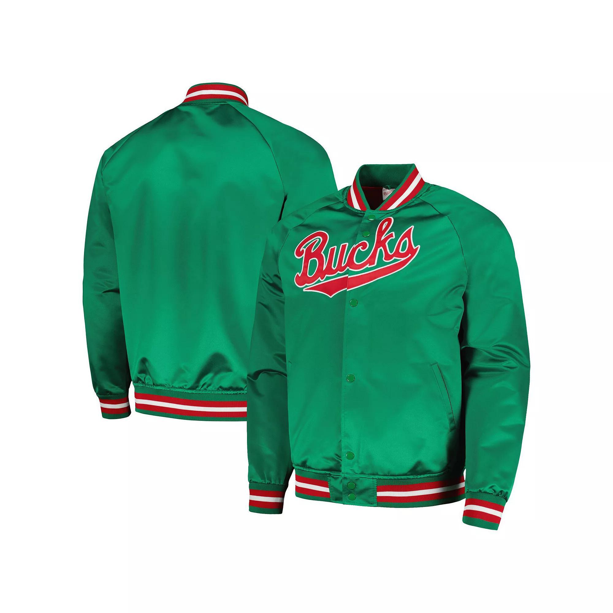 Men's Mitchell & Ness Green Milwaukee Bucks Hardwood Classics Throwback Wordmark Raglan Full-Snap Jacket, Size: XL Product Image