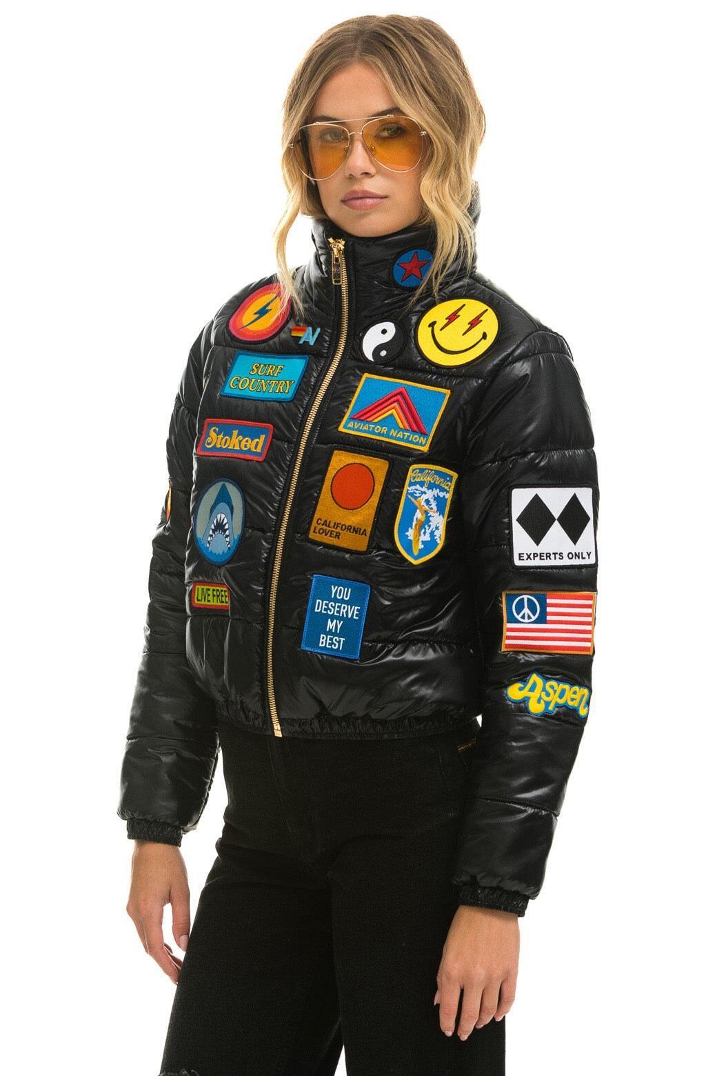 VINTAGE PATCH APRES PUFFER JACKET - BLACK GLOSSY Female Product Image
