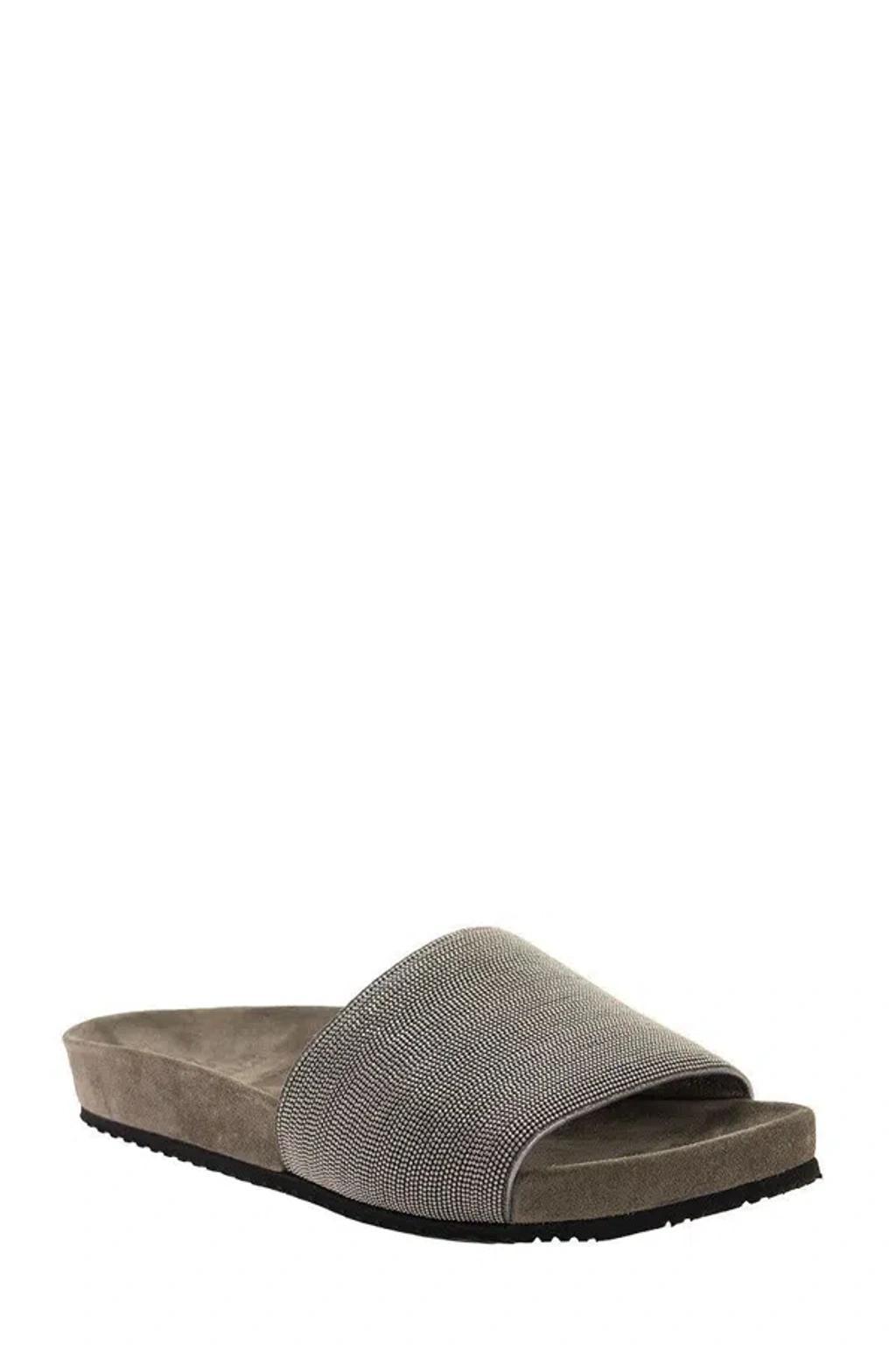 BRUNELLO CUCINELLI Bead-embellished Suede Slides In Grey Product Image