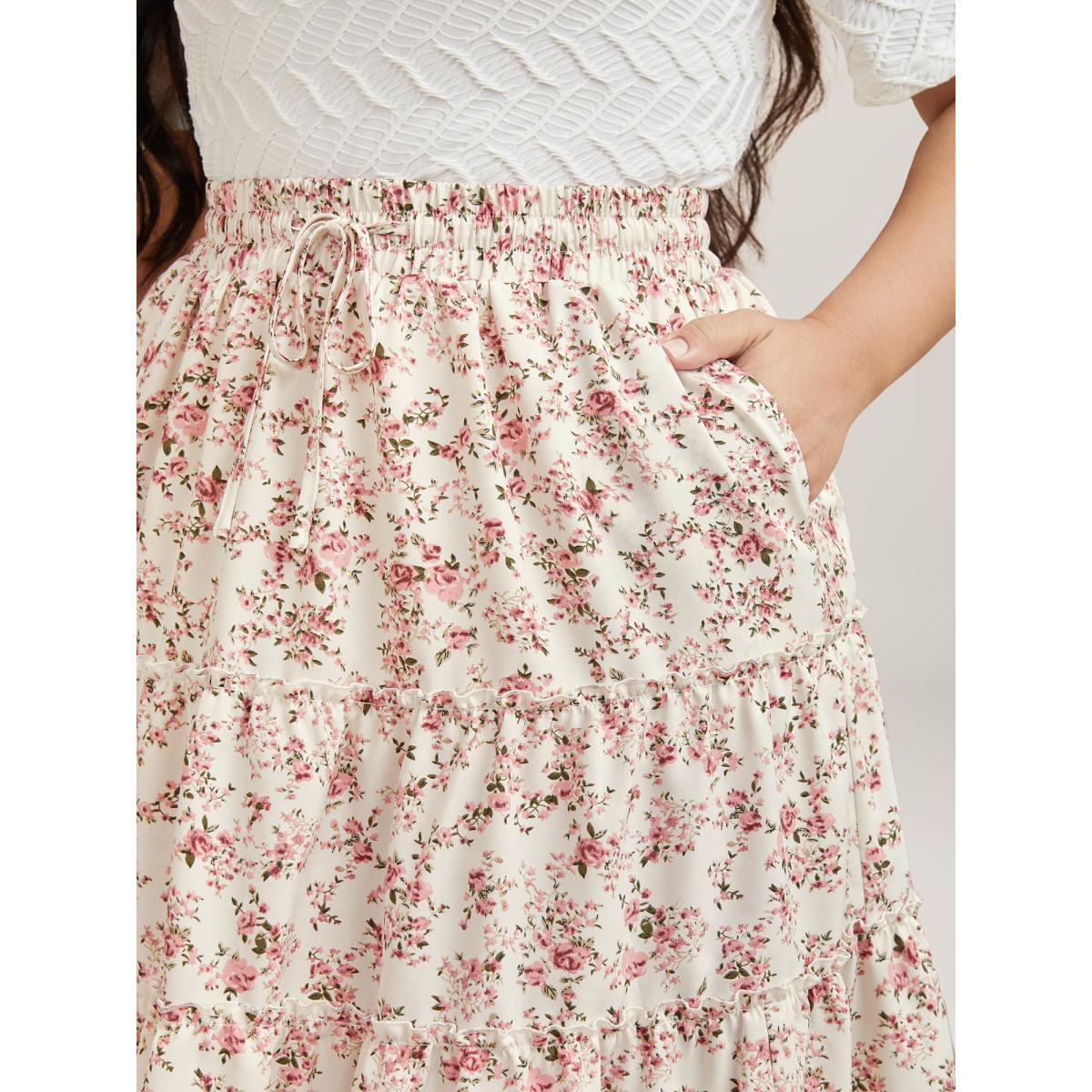 Plus Size Ditsy Floral Print Waist-Tie Midi Skirt Women Beige Elegant Gathered Low stretch Slanted pocket Everyday Skirts BloomChic 28/5X Product Image