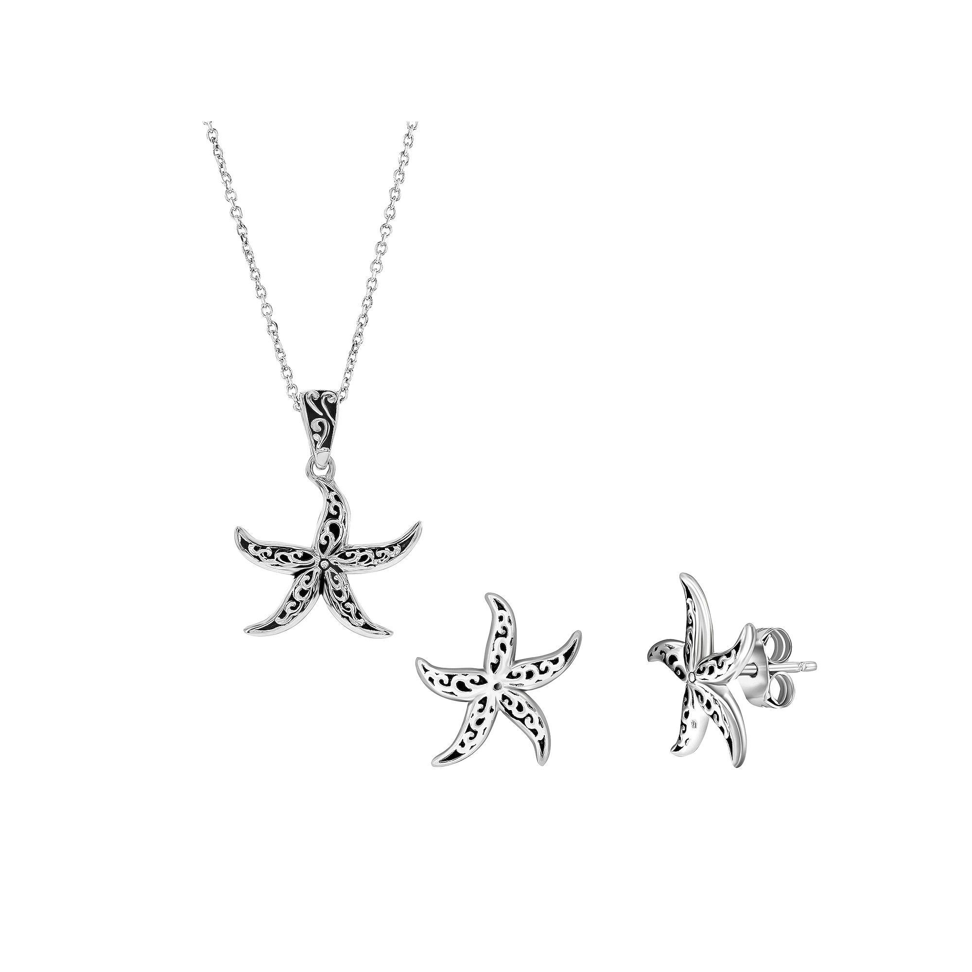 Argento Bella Sterling Silver Oxidized Starfish Earrings & Necklace Set, Women's, Size: 18" Product Image