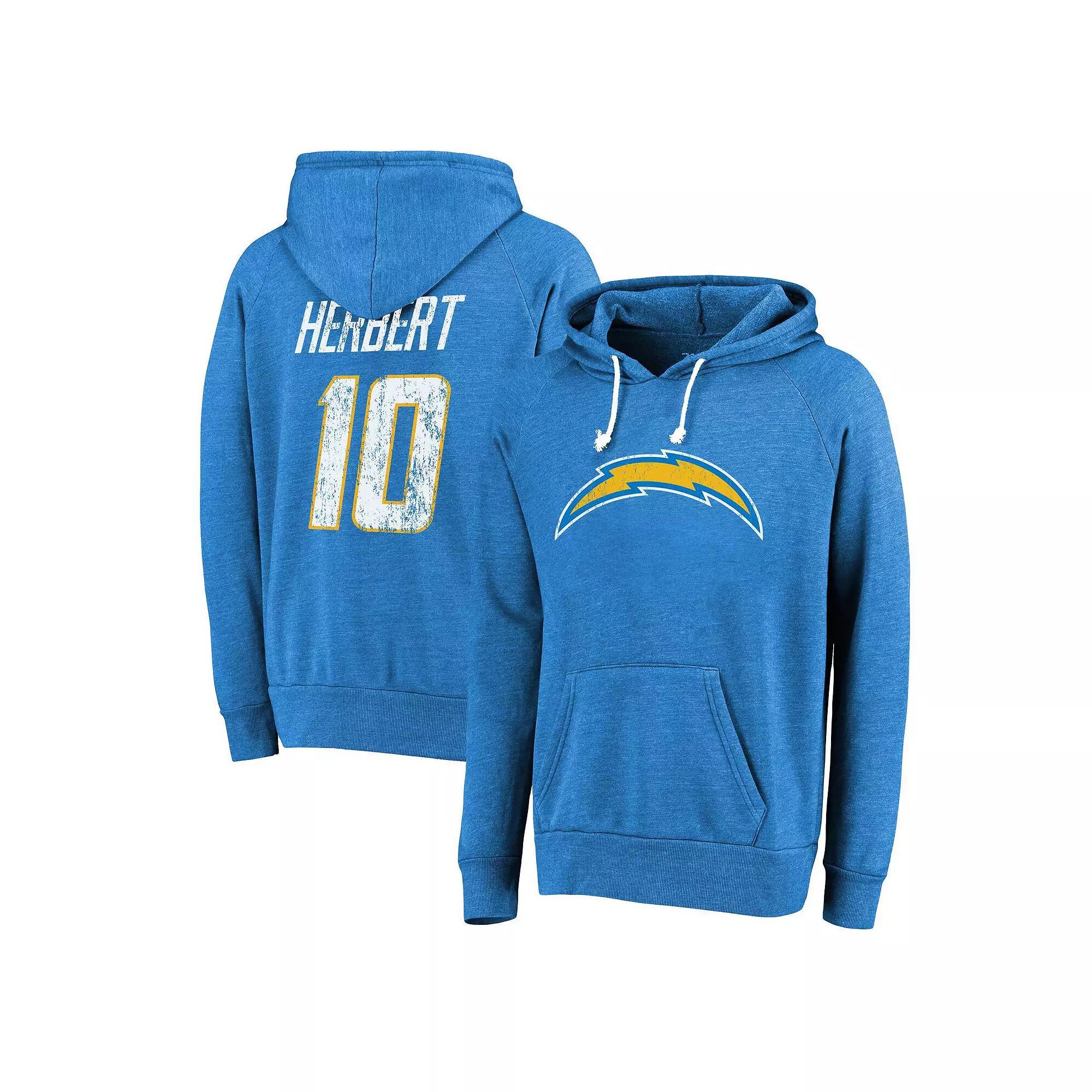 Men's Majestic Threads Justin Herbert Powder Blue Los Angeles Chargers Name & Number Tri-Blend Pullover Hoodie, Size: XL, Light Product Image