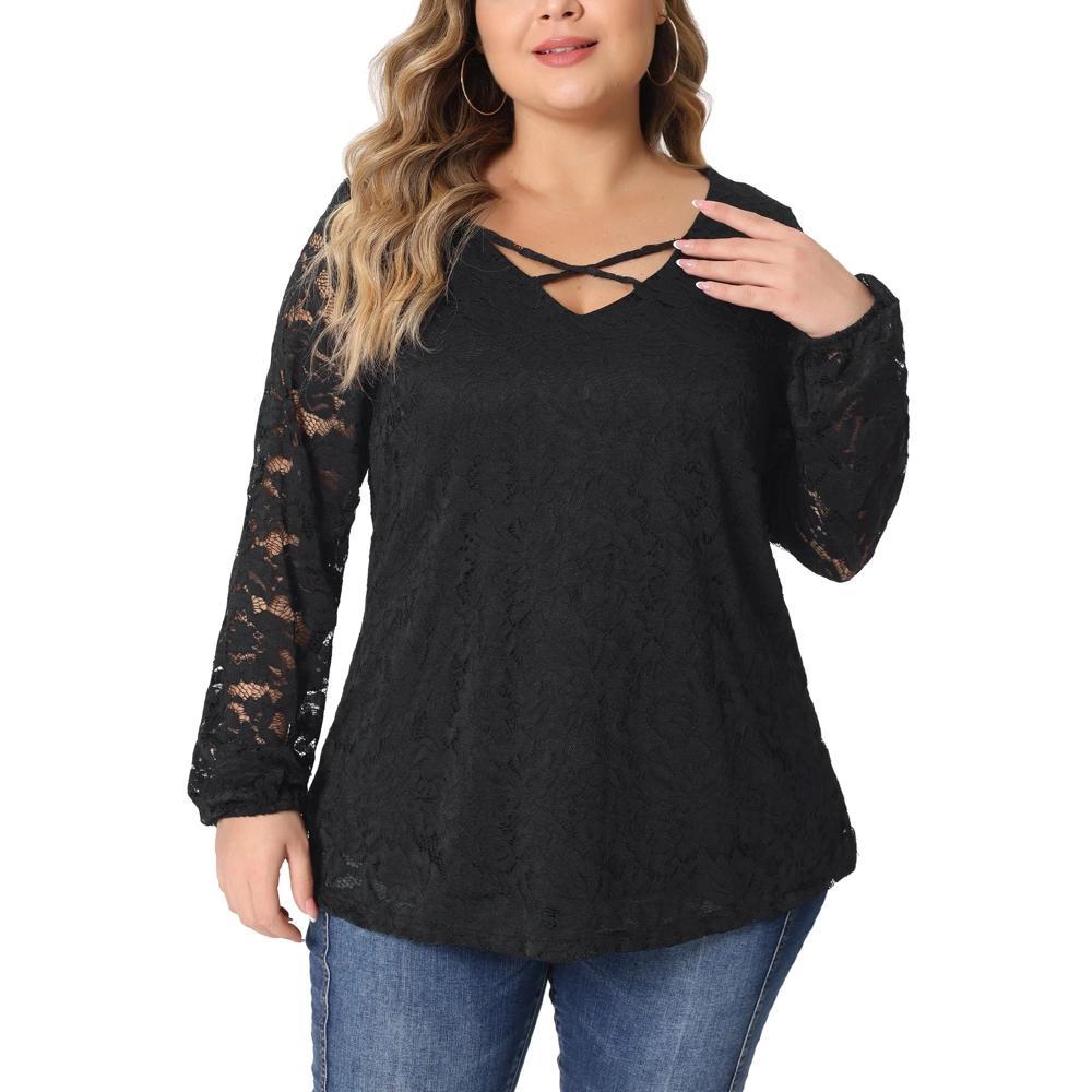 Agnes Orinda Women's Plus Size Lace Sheer LayerLong Sleeve Cross Strap V Neck Blouses Product Image