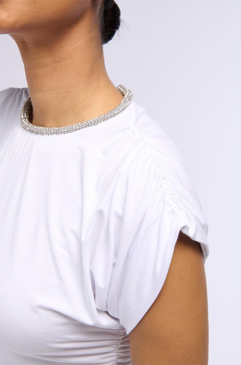 SLINKY SHORT SLEEVE RHINESTONE EMBELLISHED SHIRT Product Image