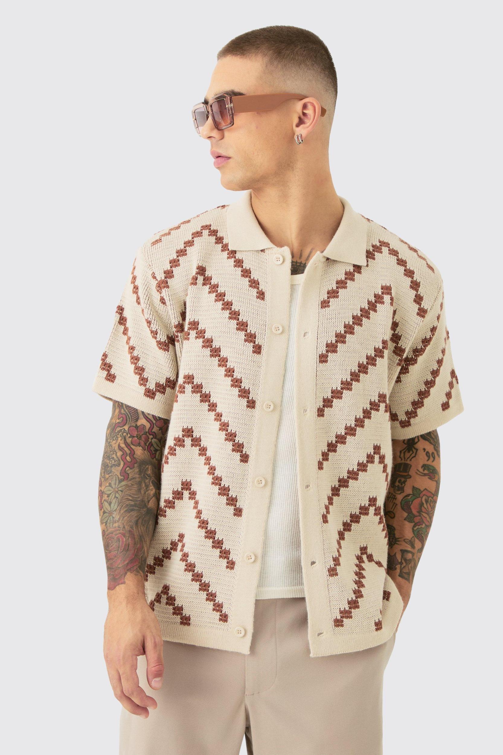 Mens Regular Fit Open Knit Stripe Shirt In Ecru - Cream Product Image