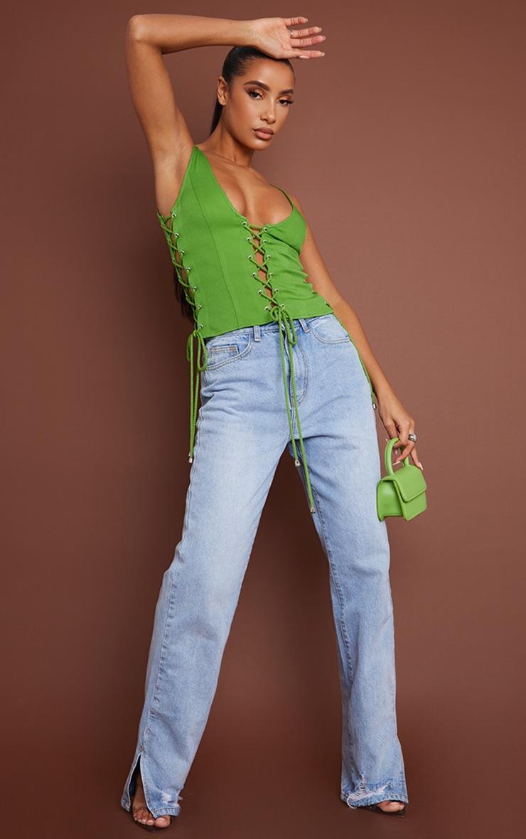 Bright Green Woven Lace Up Detail Plunge Sleeveless Top Product Image