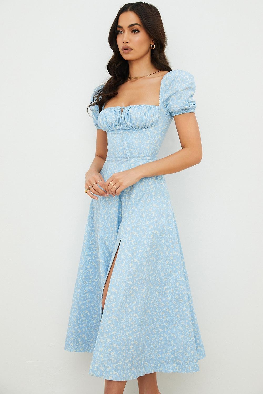 Tallulah Blue Ivory Floral Puff Sleeve Midi Dress Product Image