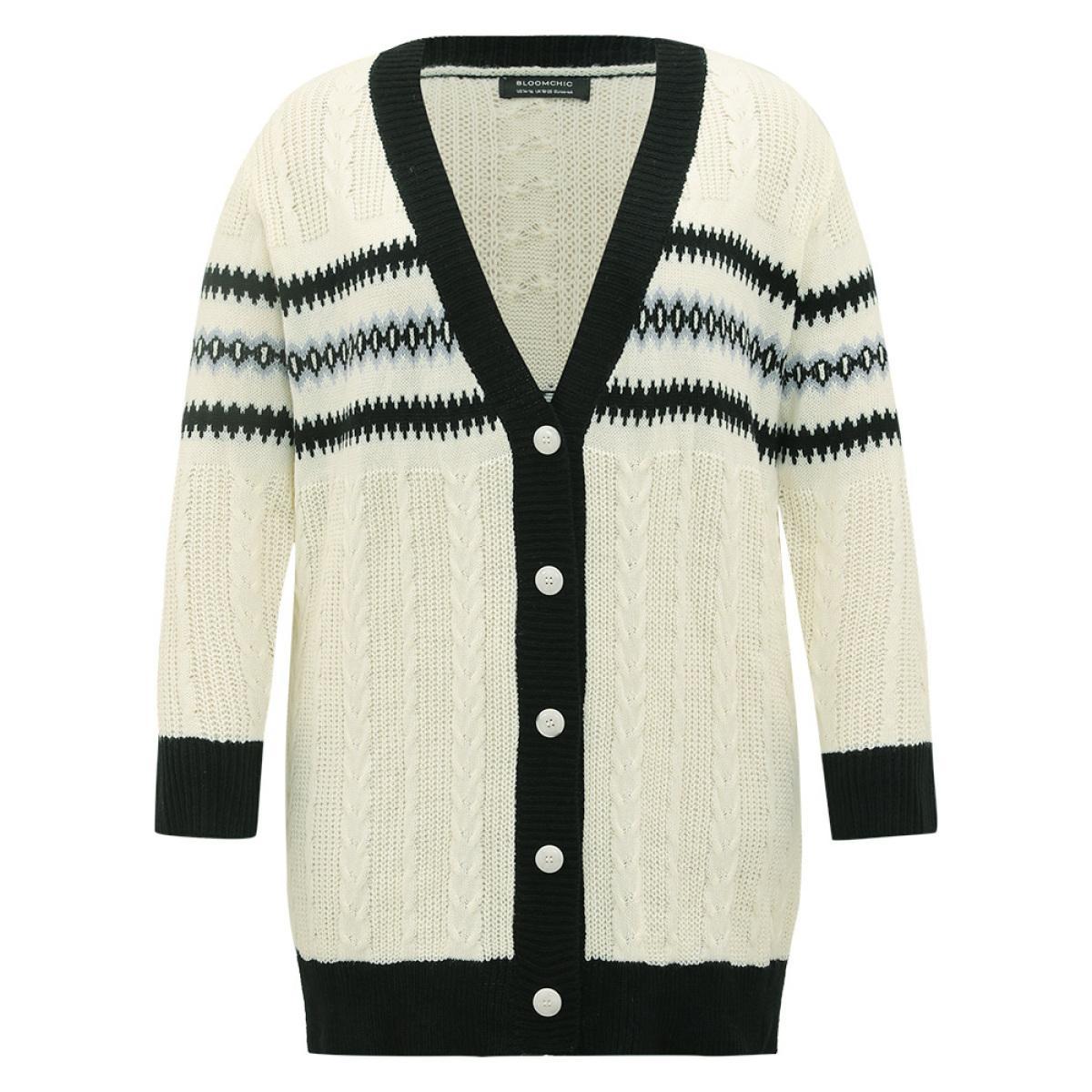 Plus Size Cable Knit Striped Geo Button Fly Cardigan Beige Women Casual Loose Long Sleeve Dailywear Cardigans BloomChic 26/4X Product Image
