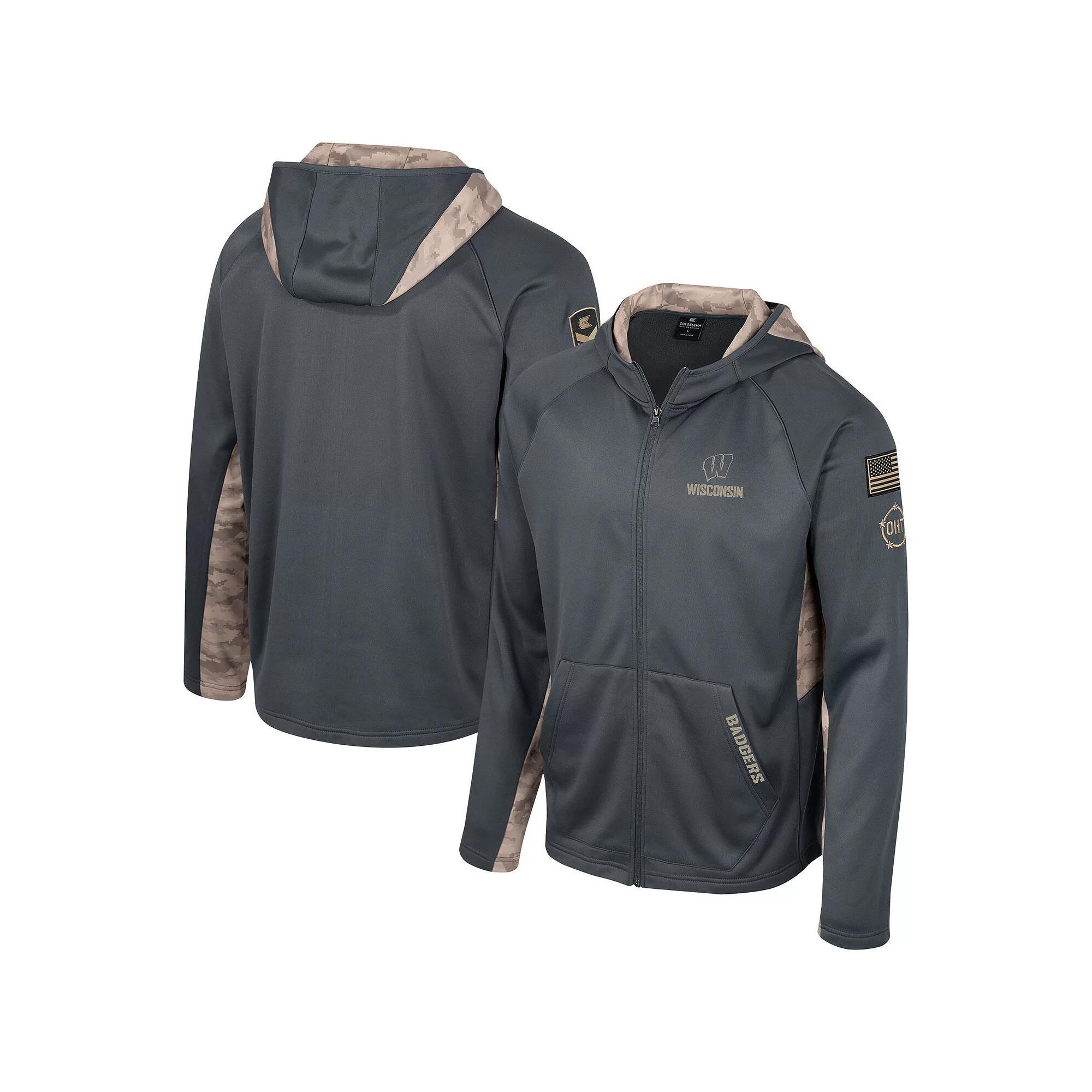 Men's Colosseum Charcoal Wisconsin Badgers OHT Military Appreciation Camo Raglan Full-Zip Hoodie, Size: Medium Product Image