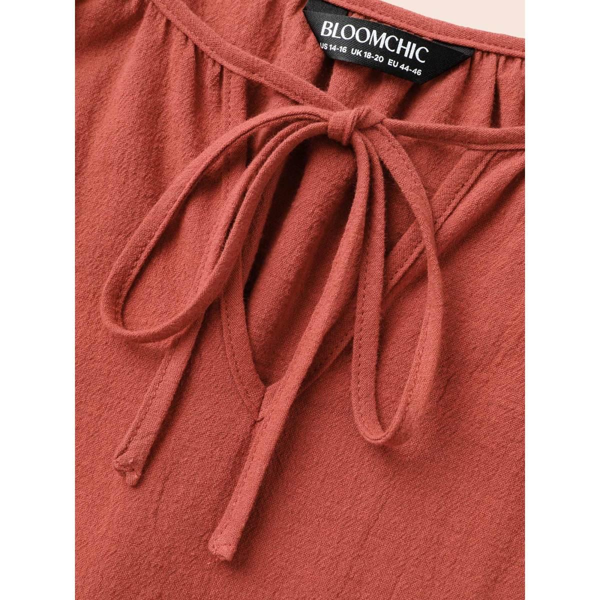 Plus Size Rust Broderie Anglaise Gathered Tie Knot Blouse Women Resort Elbow-length sleeve Round Neck Vacation Blouses BloomChic 26/4X Product Image