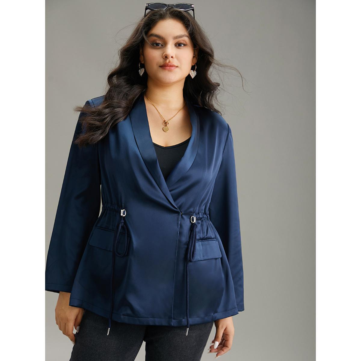 Plus Size Suit Collar Flap Pocket Drawstring Ties Blazer DarkBlue Women Work Plain Plain Sleeve Long Sleeve Suit Collar 30/6X Pocket Work From Home Blazers BloomChic Product Image