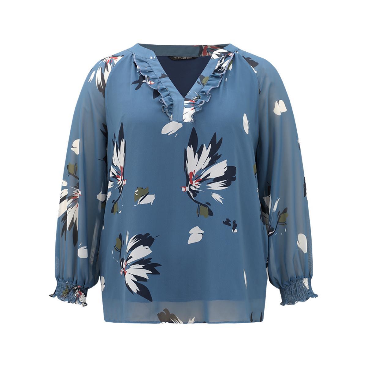 Plus Size Cerulean Floral Print Shirred Ruffles Mesh Blouse Women Elegant Long Sleeve V-neck Dailywear Blouses BloomChic 10/M Product Image