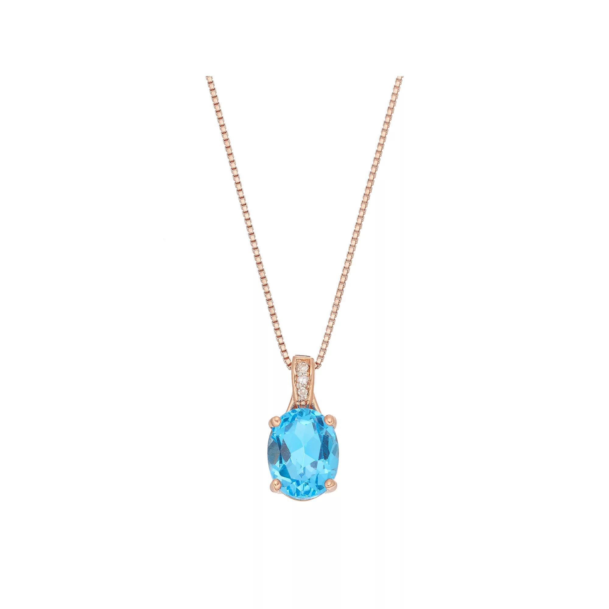 Gemminded 14k Rose Gold Over Silver Blue Topaz & Diamond Accent Oval Pendant, Womens Product Image