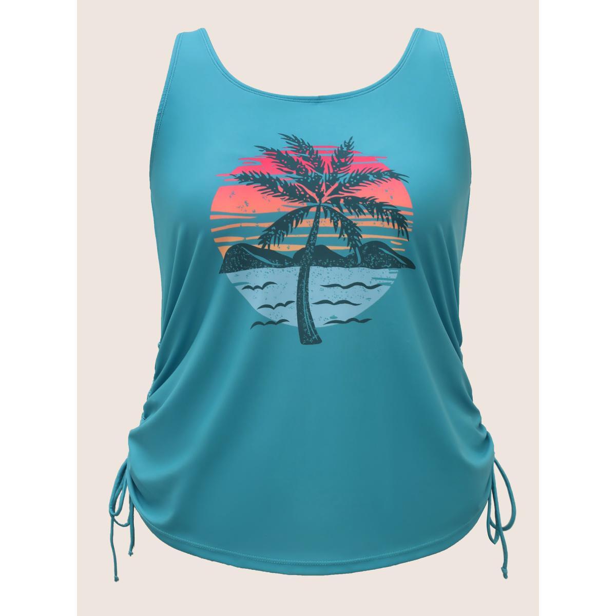 Plus Size Island Print Drawstring Adjustable Swim Top Women's Swimwear Teal Beach Contrast High stretch Loose U-neck Curve Swim Tops BloomChic 28/5X Product Image