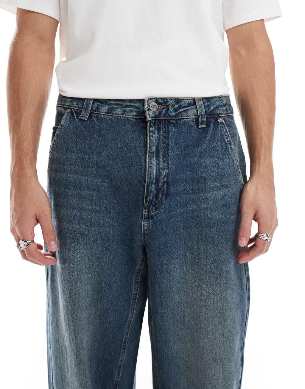 Pull&Bear balloon fit seam detail jeans in mid blue Product Image
