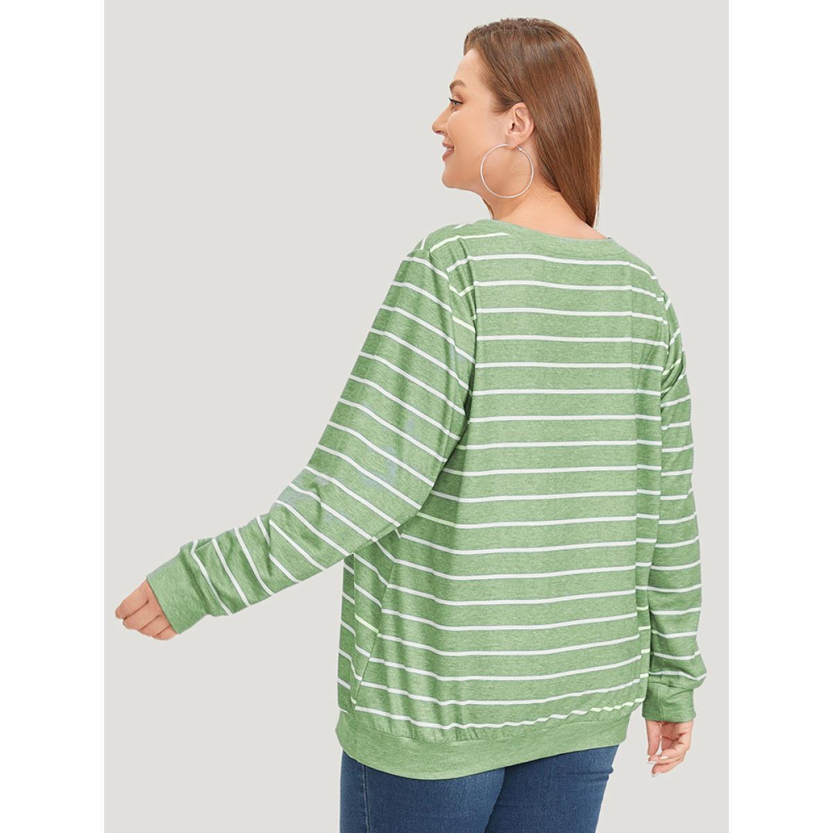 Plus Size Striped Print V Neck Sweatshirt Women Green Casual V-neck Dailywear Sweatshirts BloomChic 28/5X Product Image