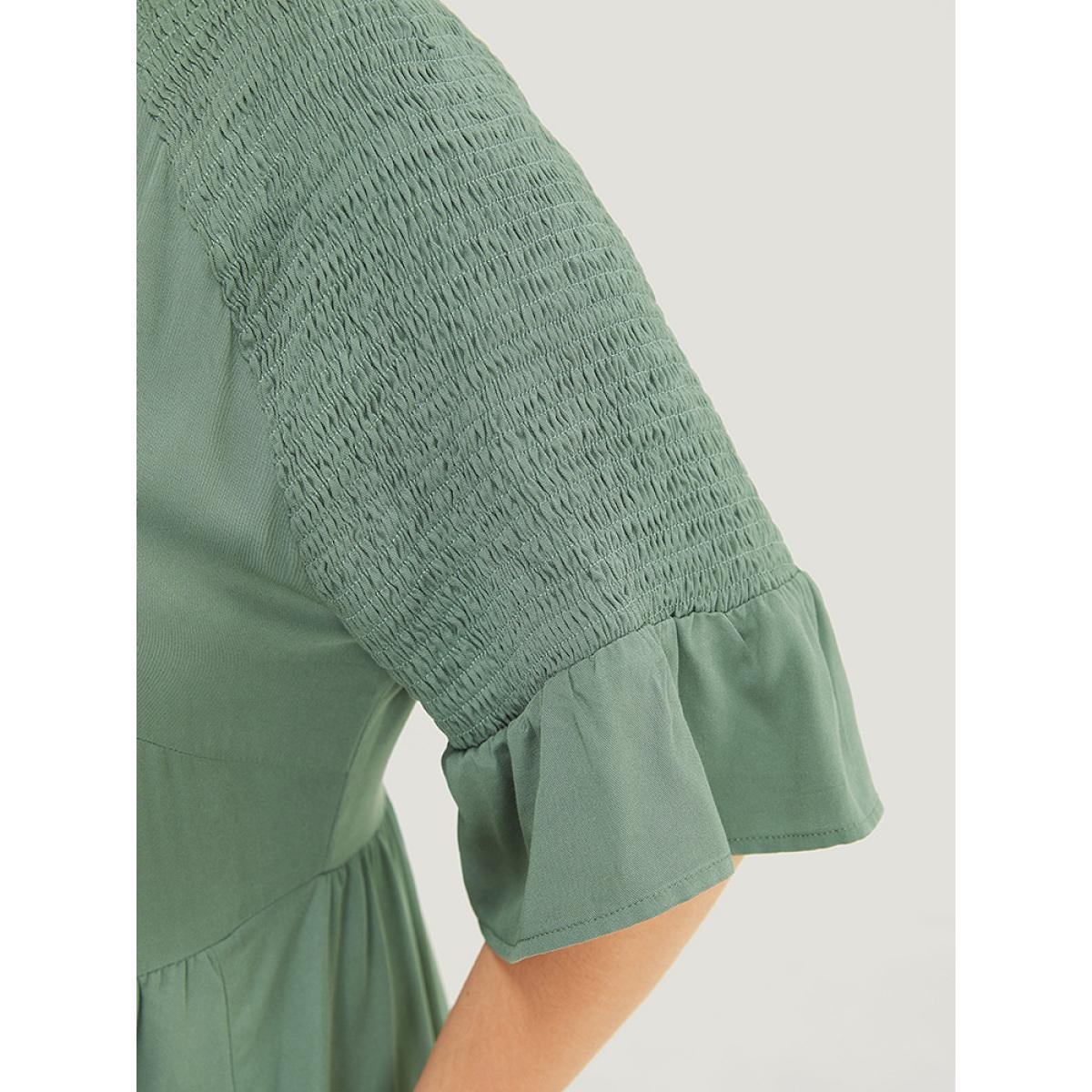 Plus Size Plain Frill Trim Button Detail Pocket Ruffles Shirred Sleeve Dress Mint Women Elegant Frill Trim V-neck Half Sleeve Curvy Midi Dress BloomChic 22-24/3X Product Image