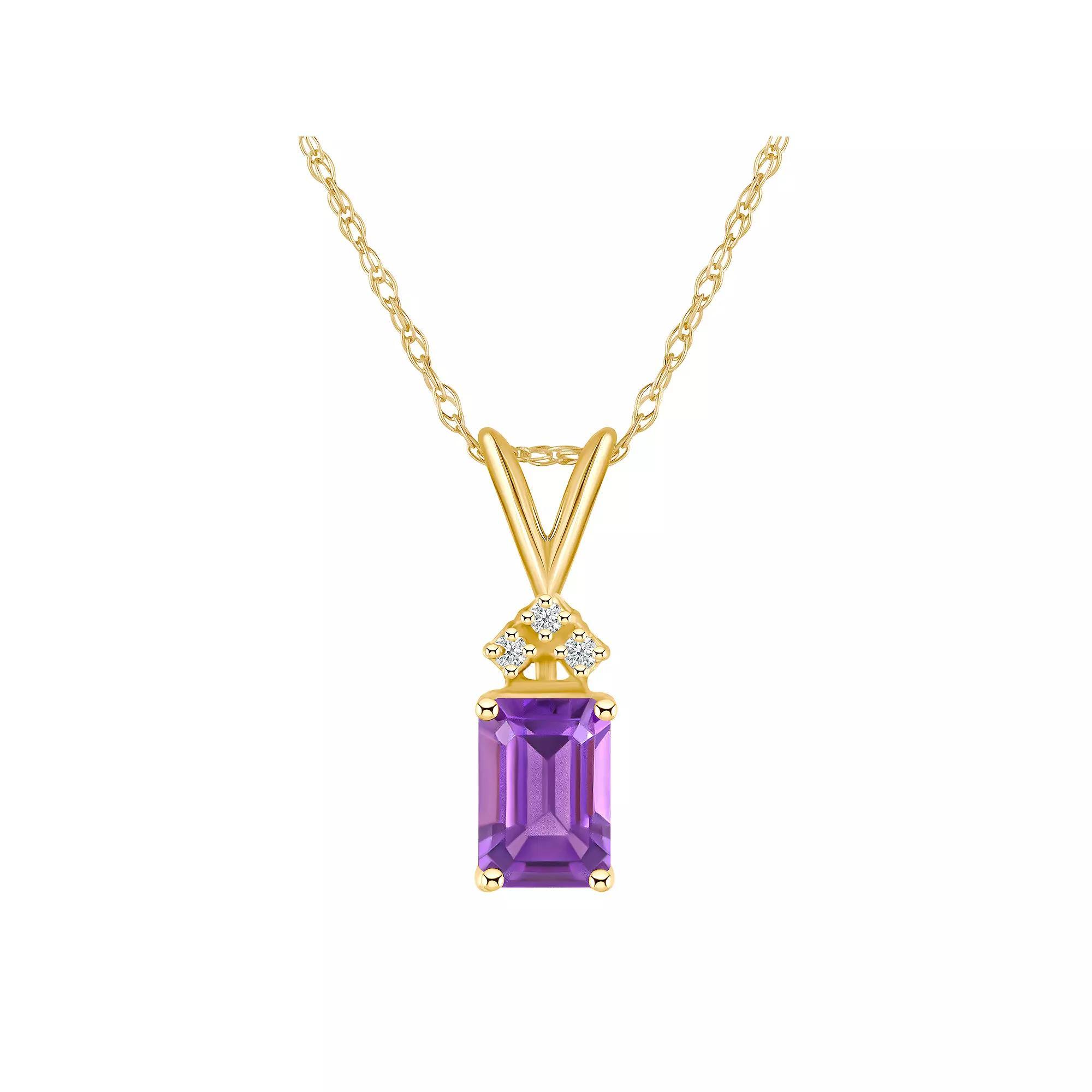 Celebration Gems 14k Gold Emerald Cut Amethyst & Diamond Accent Pendant Necklace, Women's, Size: 18" Product Image