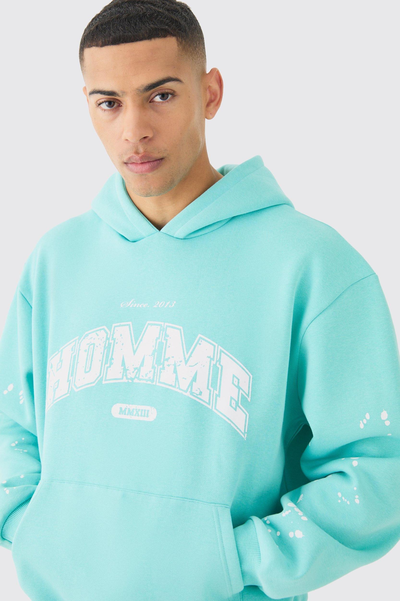 Oversized Boxy Paint Splatter Homme Hoodie | boohooMAN USA Product Image