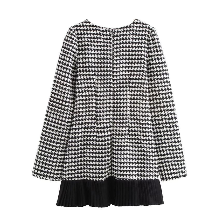 Long-Sleeve Round Neck Houndstooth Panel Mini A-Line Dress Product Image