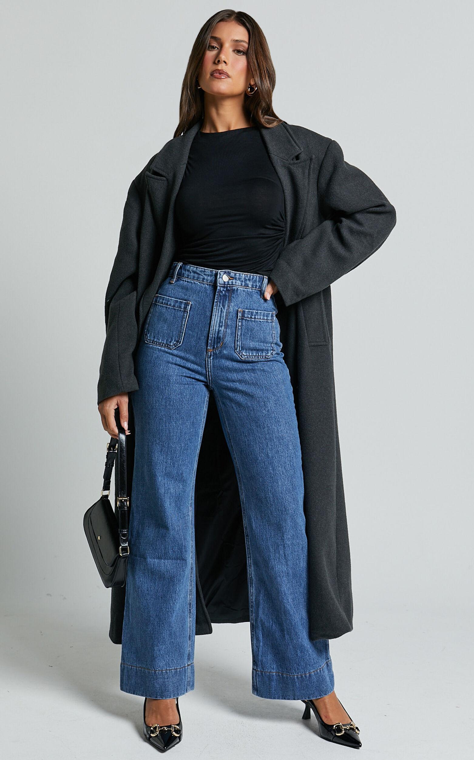 Vancouver Jeans - High Waist Straight Leg Patch Pocket Denim Jeans in Mid Blue Wash Product Image