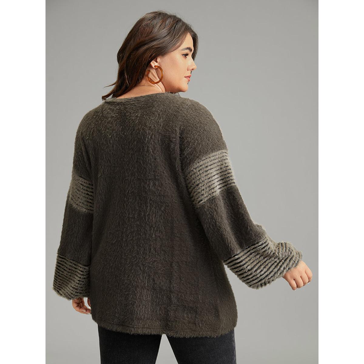 Plus Size Striped Patchwork Lantern Sleeve Fluffy Sweatshirt Women DarkBrown Casual Loose Round Neck Dailywear Sweatshirts BloomChic 18-20/2X Product Image