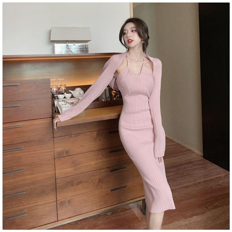 Set: Halter Plain Ribbed Knit Midi Sheath Dress + Bolero Cardigan Product Image