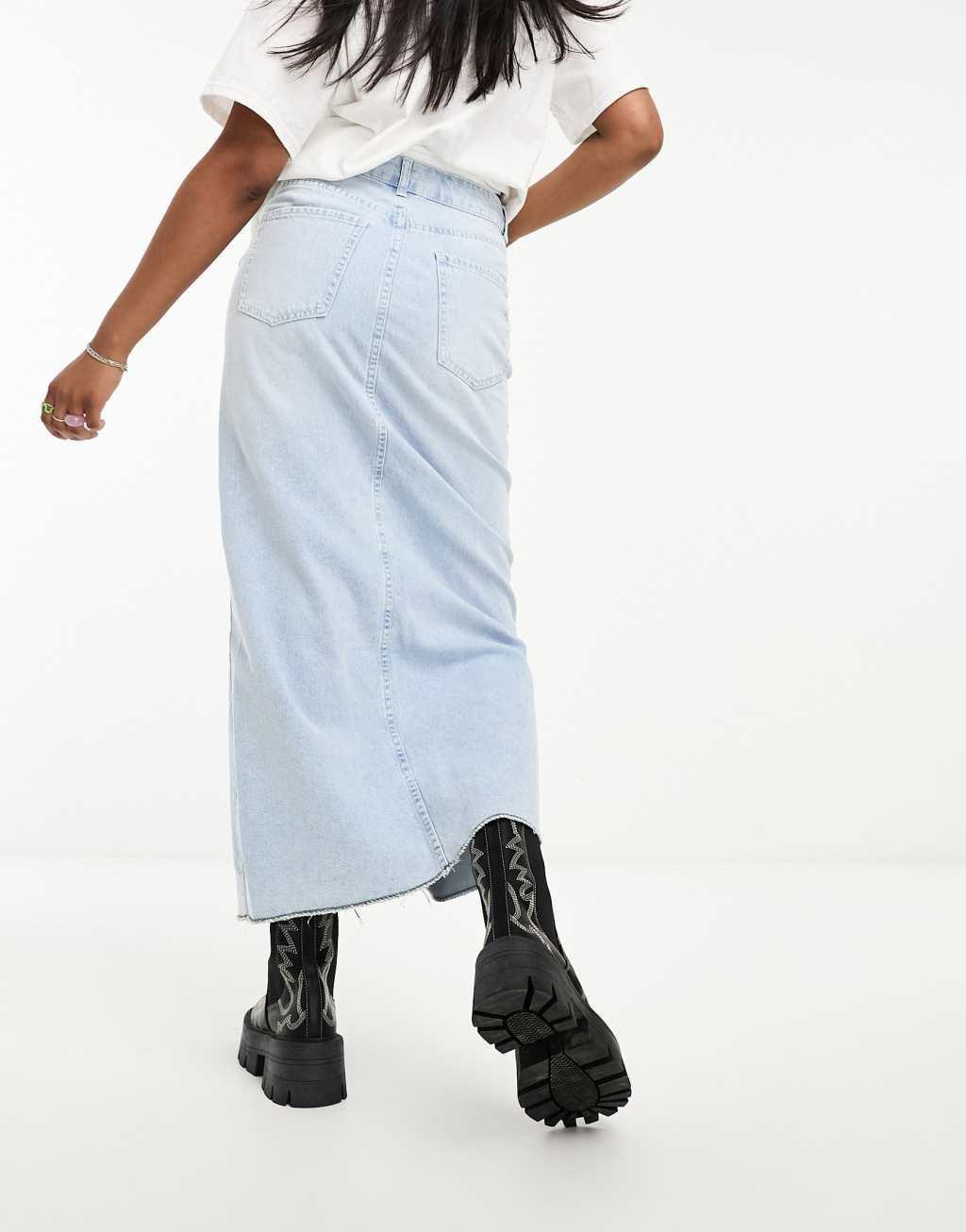 Bershka raw hem split hem denim midi skirt Product Image
