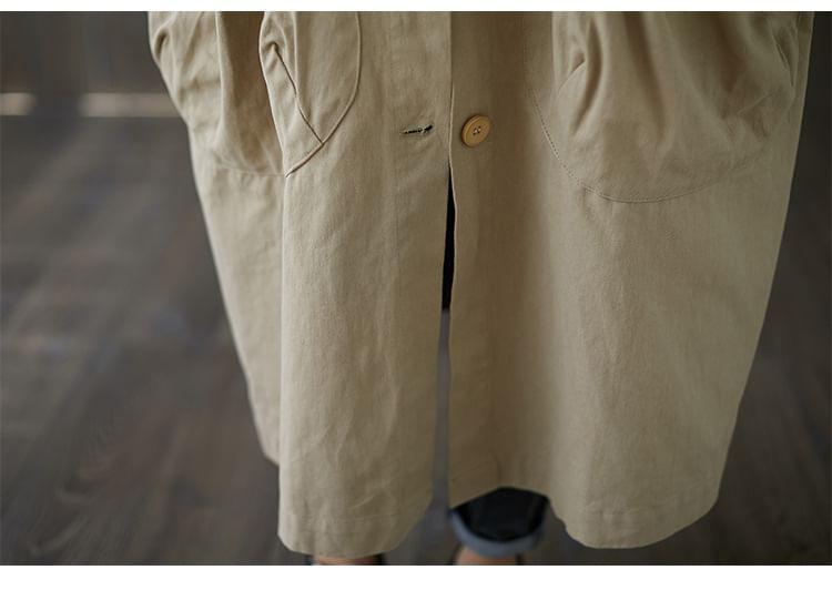 Plain Hooded Button-Up Long Trench Coat Product Image
