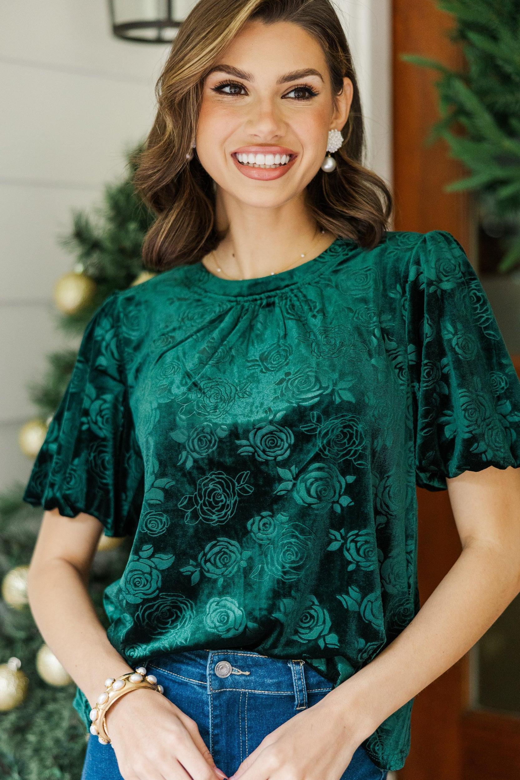 All In Emerald Green Floral Velvet Blouse Female Product Image