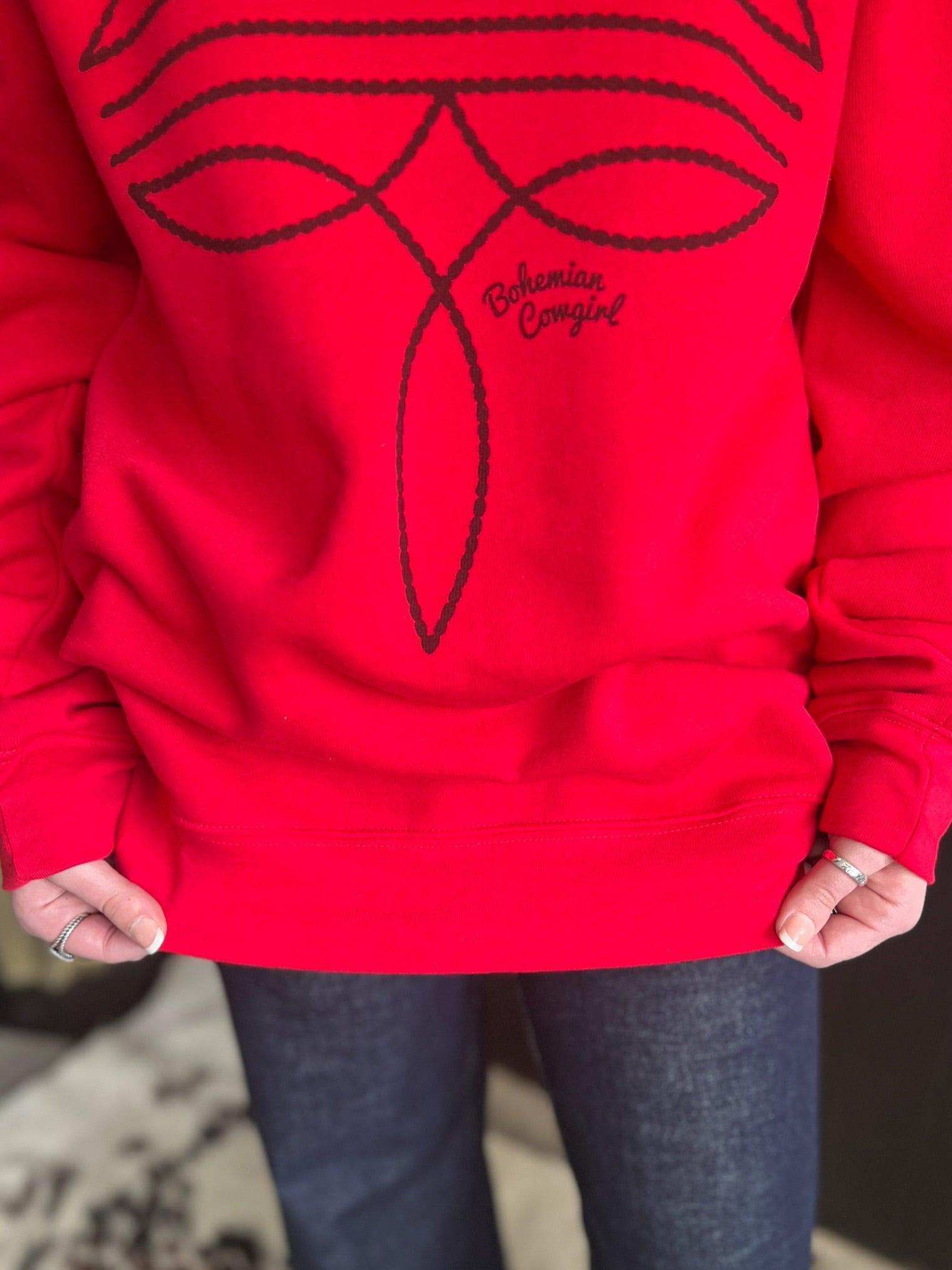 Red Loose Fit Boot Stitch Print Crew Neck Sweatshirt Product Image