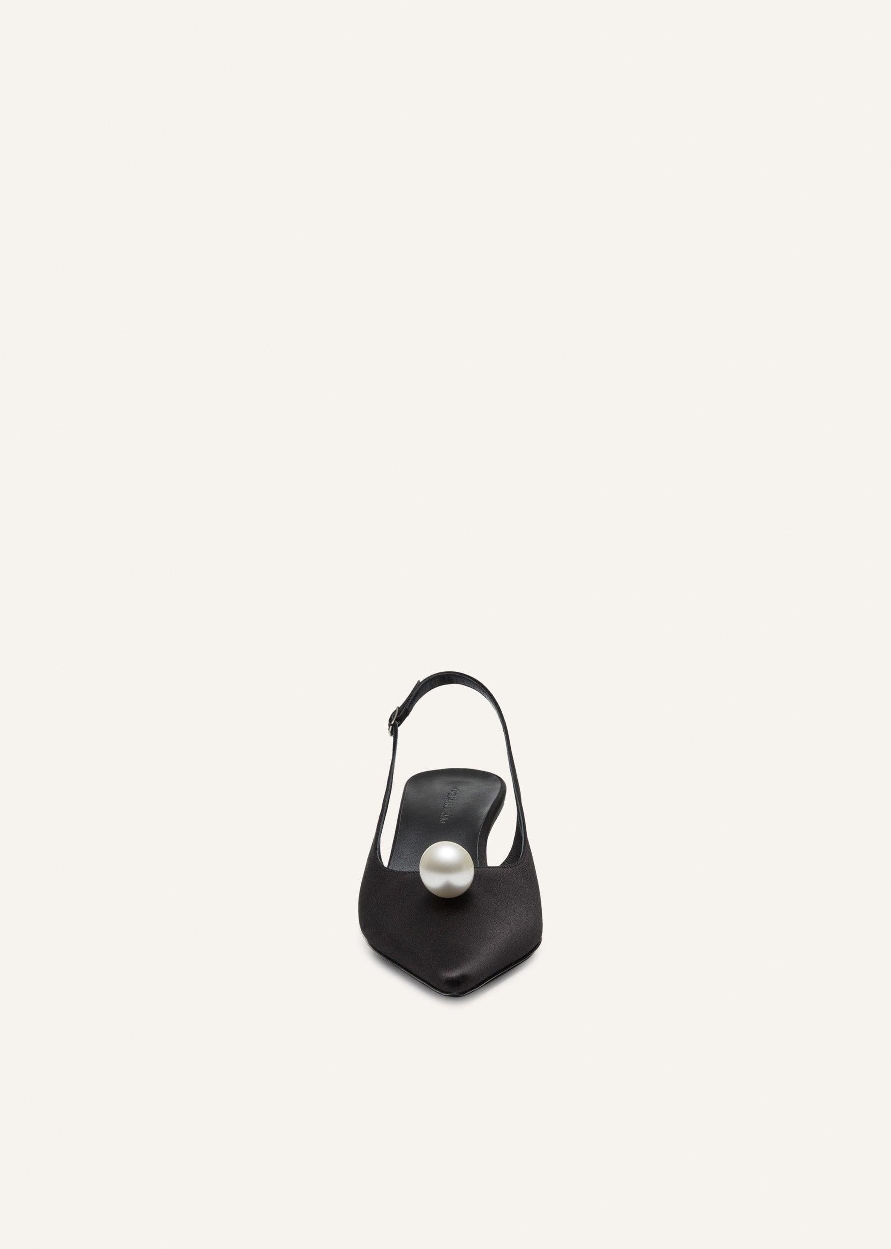 Slingback pearl kitten heels in black satin Product Image