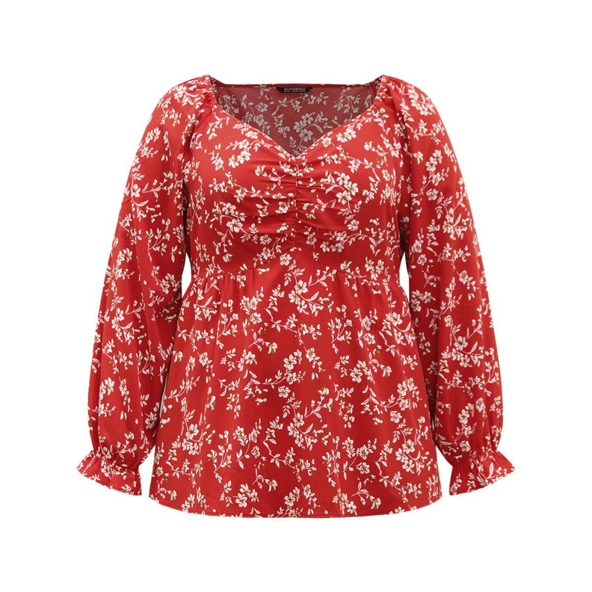 Plus Size Rust Floral Print Ruched Lantern Sleeve Blouse Women Elegant Long Sleeve V-neck Dailywear Blouses BloomChic 10/M Product Image