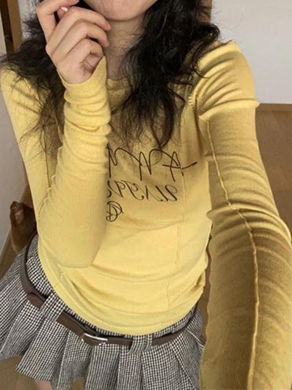 Letter Print Splice Slim Long Sleeve Tee Product Image