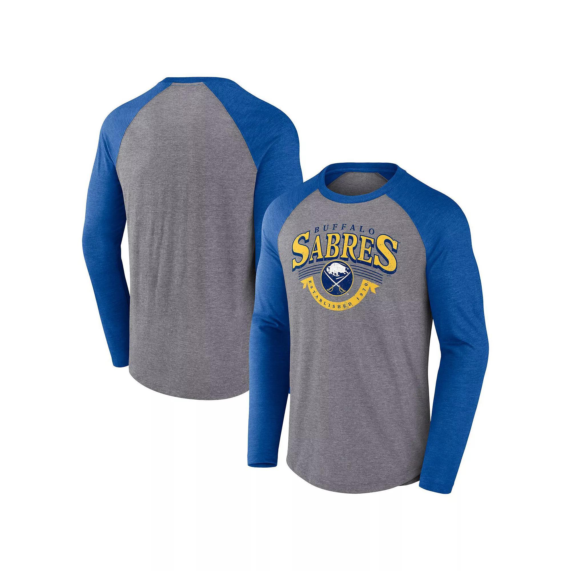 Men's Fanatics Heather Gray/Heather Royal Buffalo Sabres Goal Crease Raglan Tri-Blend Long Sleeve T-Shirt, Size: Medium, Grey Product Image