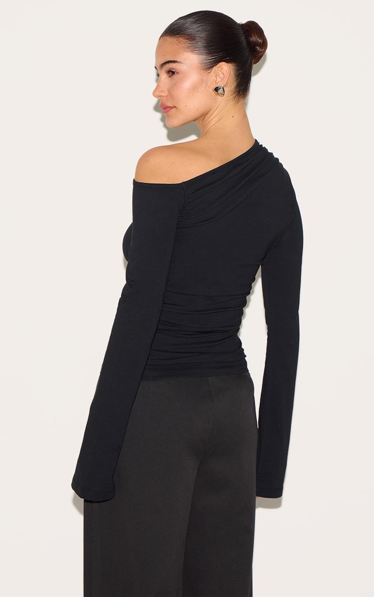 Black Asymmetric Ruched Flared Sleeve Long Top Product Image