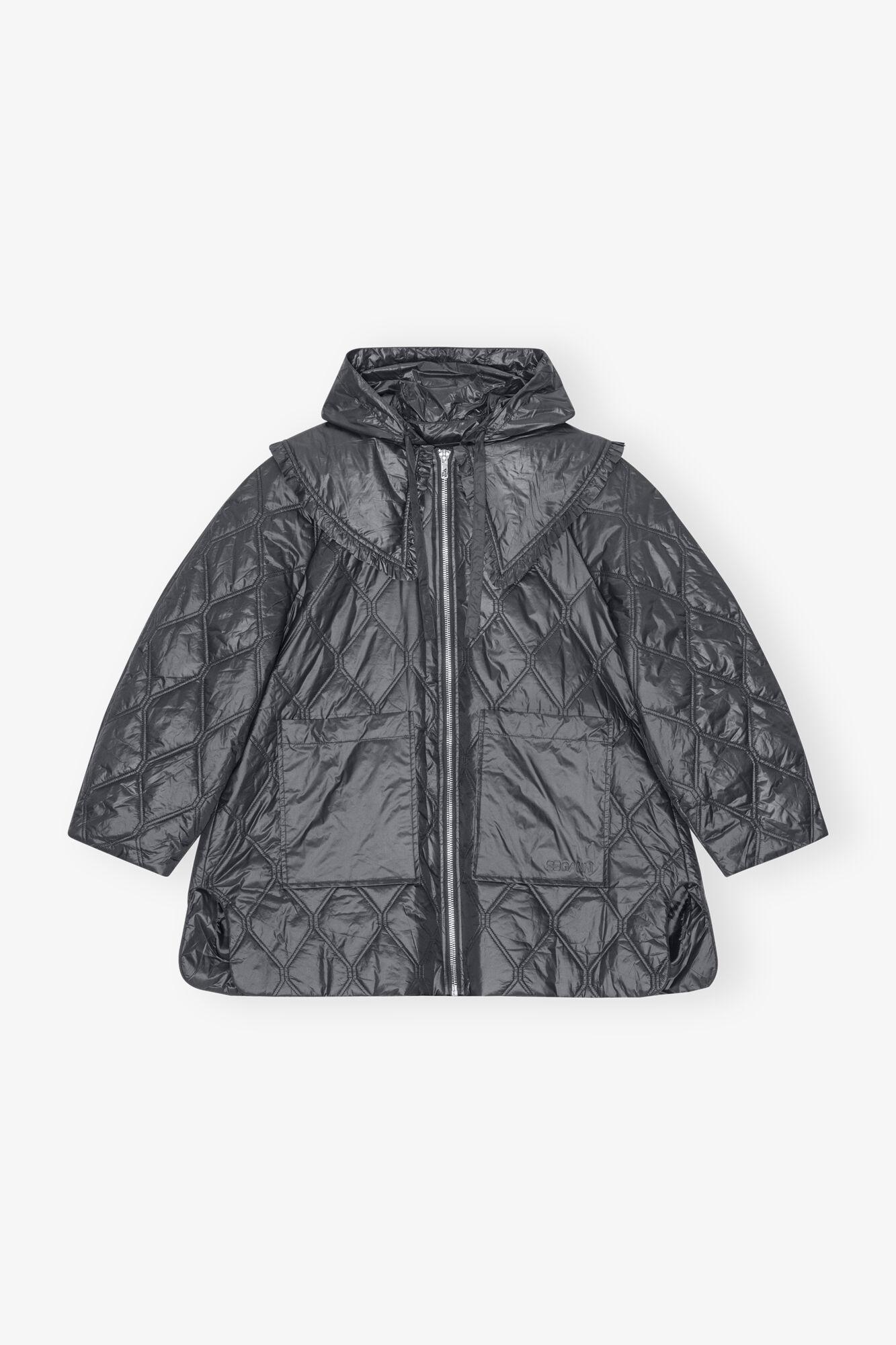 Black Shiny Quilt Midi Jacket Product Image