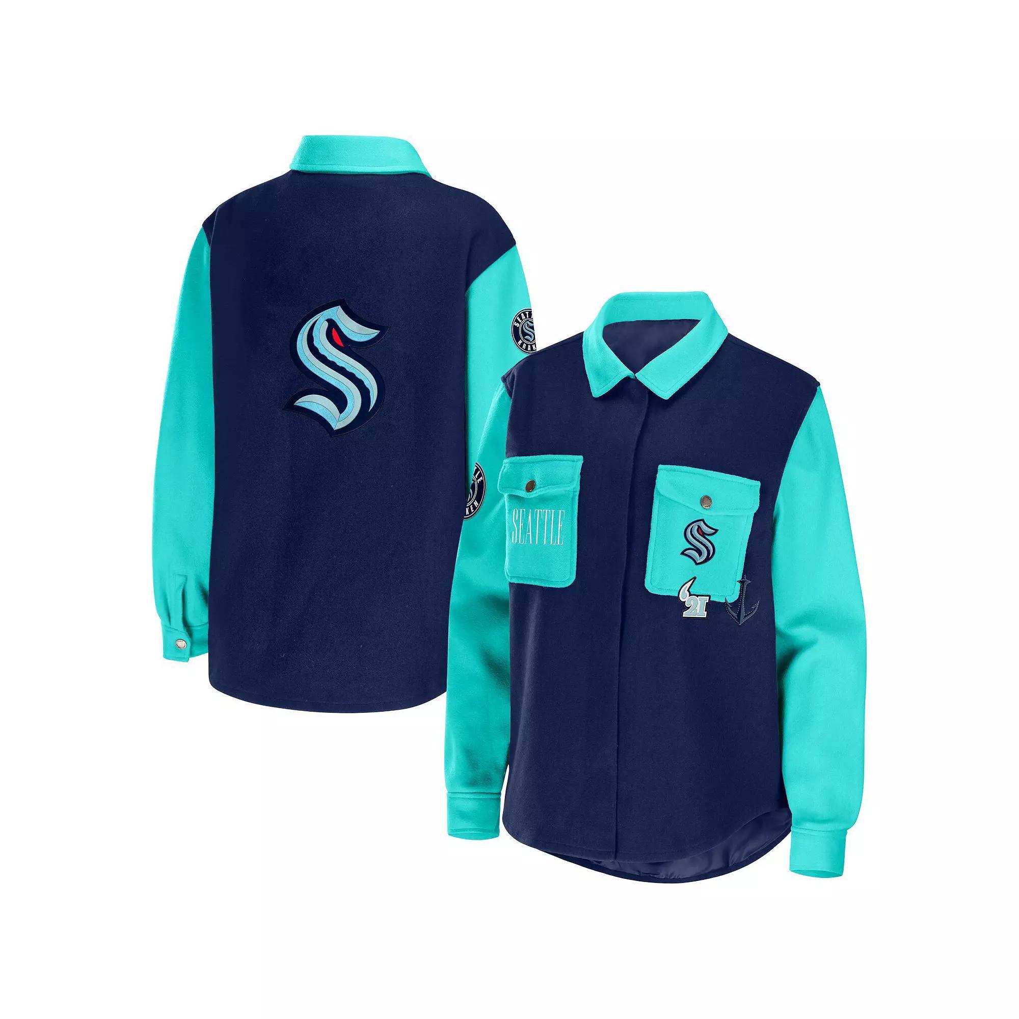 Women's WEAR by Erin Andrews Deep Sea Blue/Light Blue Seattle Kraken Colorblock Button-Up Shirt Jacket, Size: XL, Krk Blue Product Image
