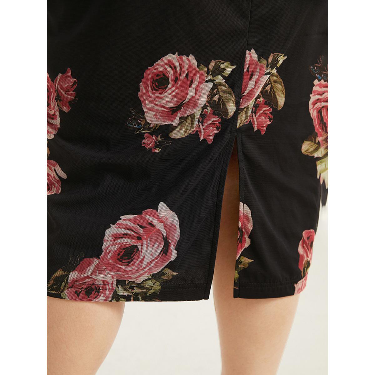 Plus Size Floral Mesh Patchwork Ruched Square Neck Split Hem Dress BlackFlower Women Cocktail Gathered Square Neck Long Sleeve Curvy Midi Dress BloomChic 14-16/1X Product Image