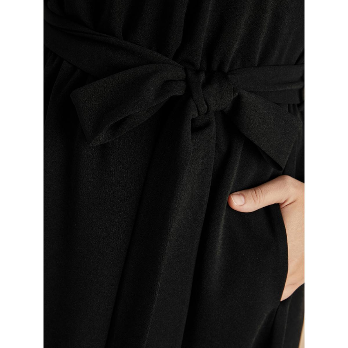 Plus Size Solid Pocket Lace Belted Flutter Dress Black Women Elegant Cut-Out V-neck Long Sleeve Curvy Midi Dress BloomChic 12/L Product Image