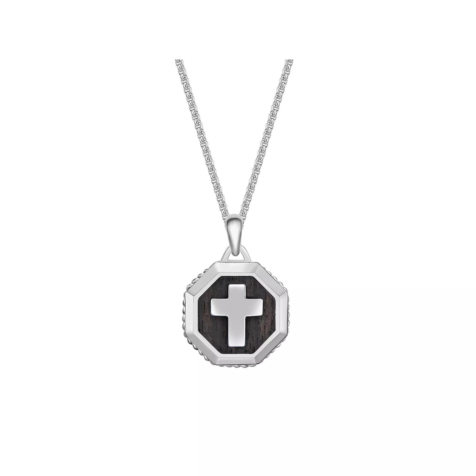 Men's LYNX Stainless Steel & Ebony Wood Cross Pendant Necklace, Size: 24", Two Tone Product Image