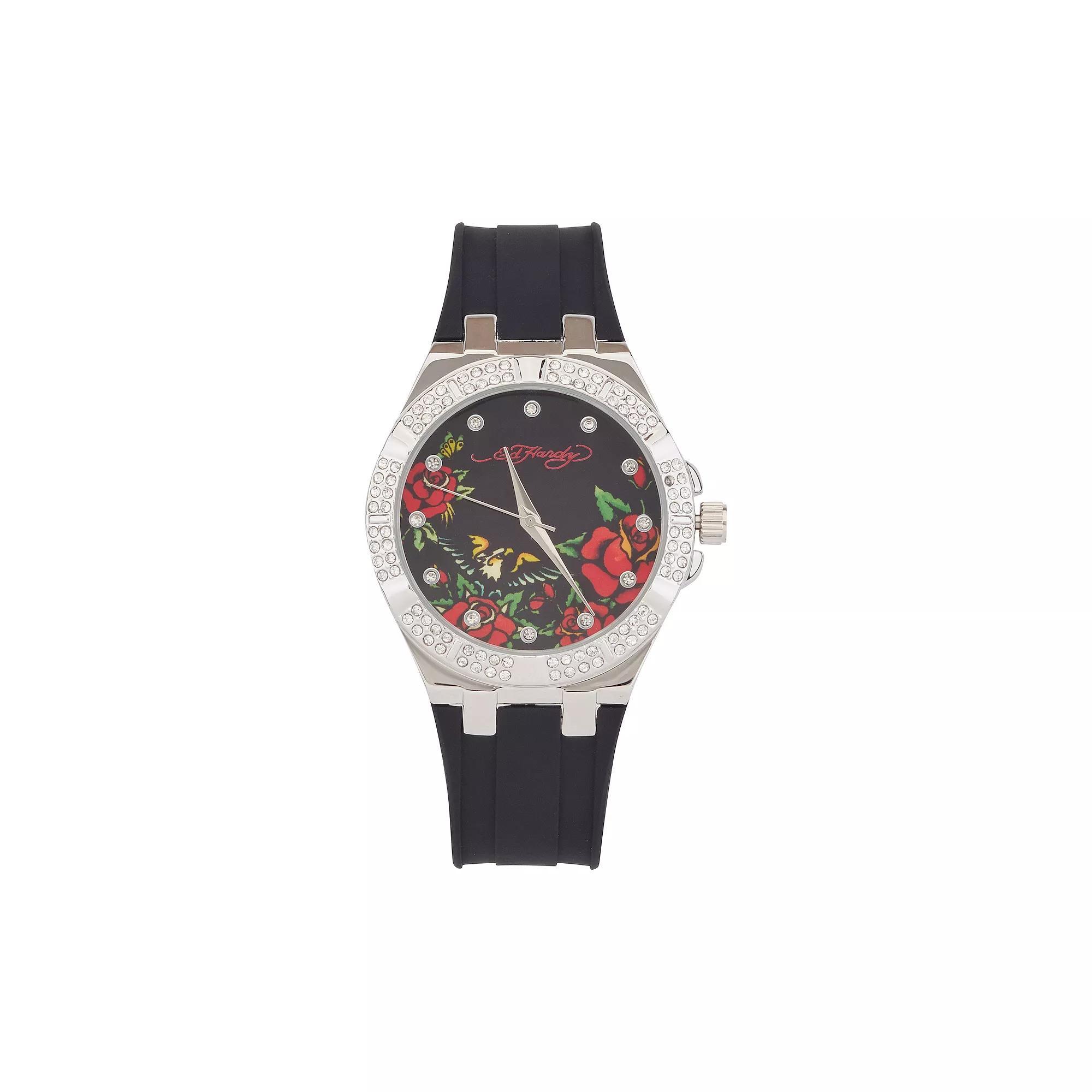 Ed Hardy Womens Crystal Accent Rose Dial Black Silicone Strap Watch Product Image