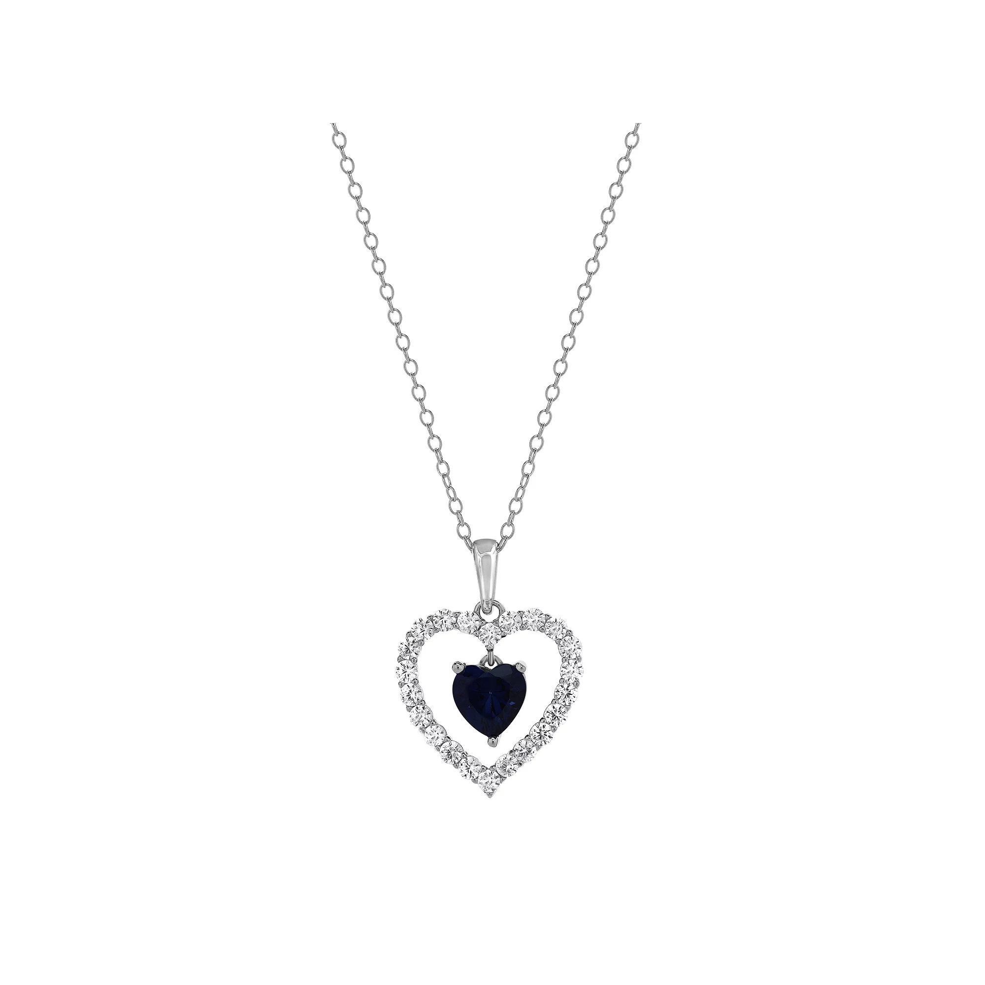 Gemstone Brilliance Lab-Created Gemstone Double Heart Pendant Necklace, Women's, Size: 18", Cr  Blue Silver Product Image