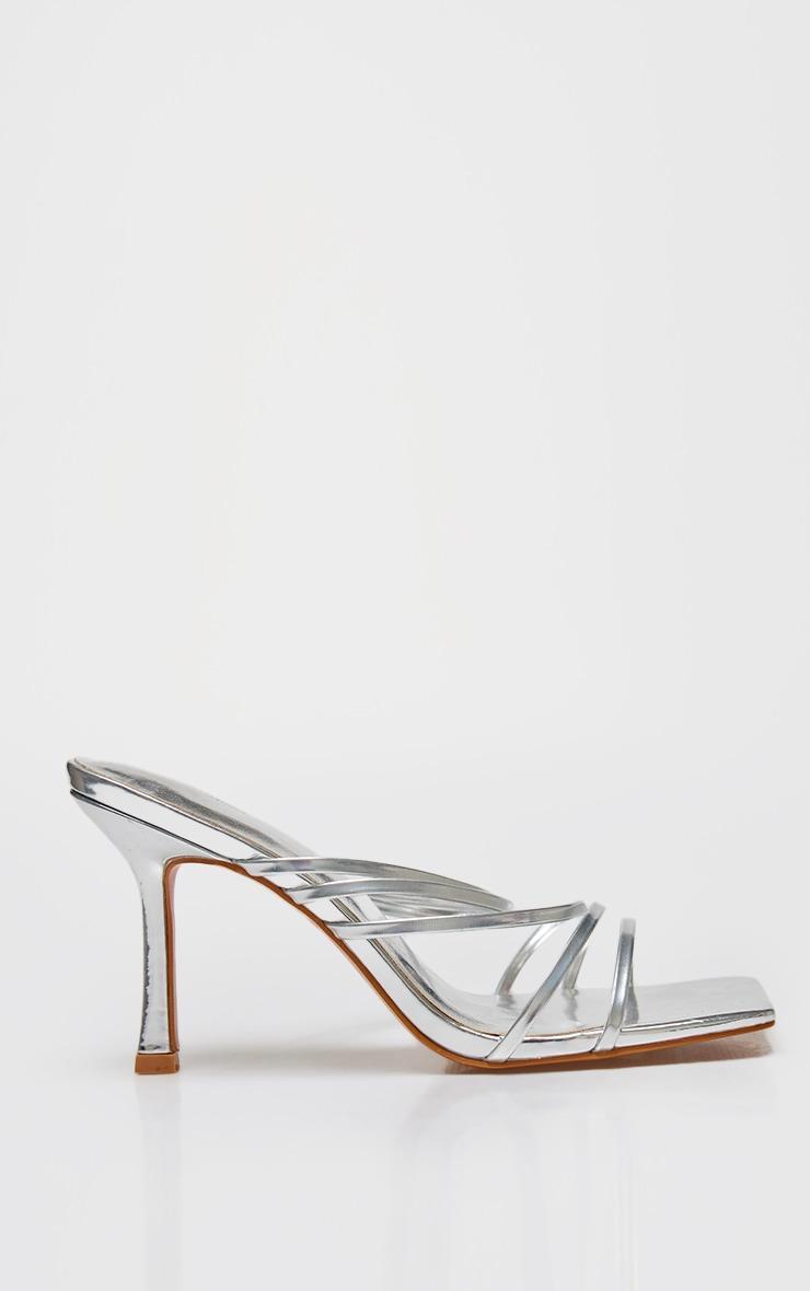 Silver PU Square Toe Multi Cross Strap Detail Mid Heeled Mules Product Image