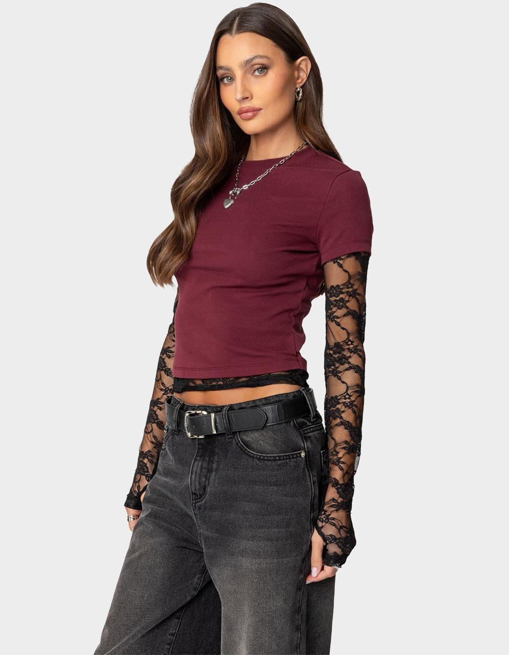 EDIKTED Layered Lace Sleeve Tee Product Image